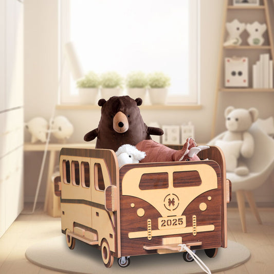 Wooden Foldable Toy Bus - Large Capacity with Wheels and Handle for Baby Clothes Food Snacks Toys and Picture books