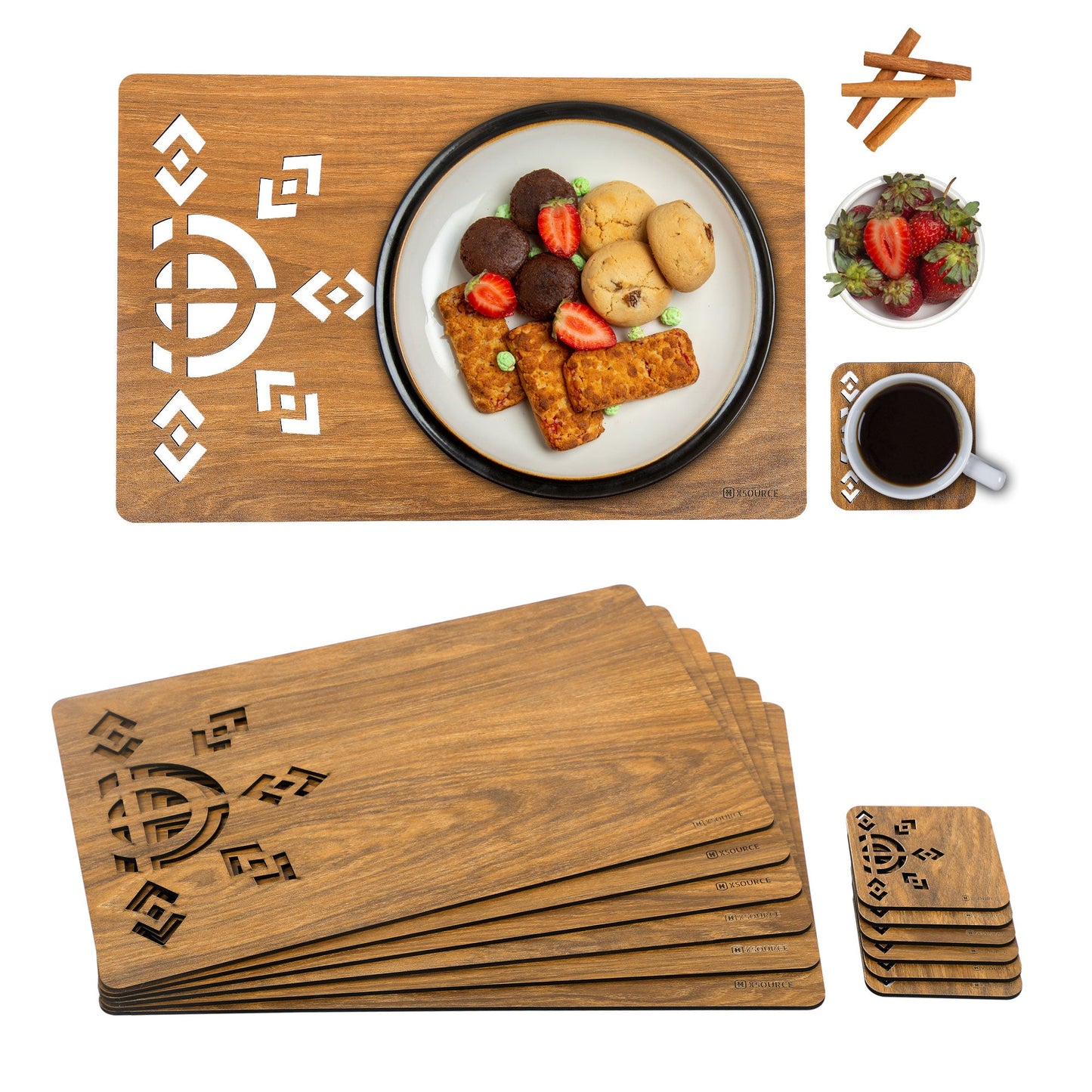 Wooden Rectangle Placemat Mat with Tea Coasters Set of 2, 4, 6 Table Placemats for Dining and Kitchen