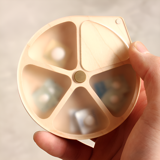 Wooden Rotating-4-Compartment Circular Pill Case with Magnetic Closure – Compact Travel Medicine Storage for Vitamins & Tablets