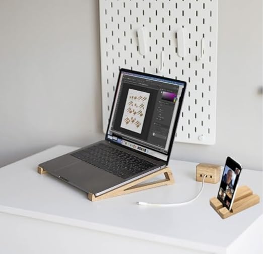 Wooden Desk Organizer Set – Laptop Stand, Mobile Holder & Cable Organizer Combo for Office