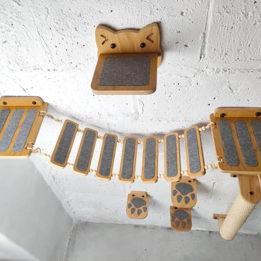 Luxury Wooden Cat Wall Furniture – Climbing, Scratching & Feeding Combo