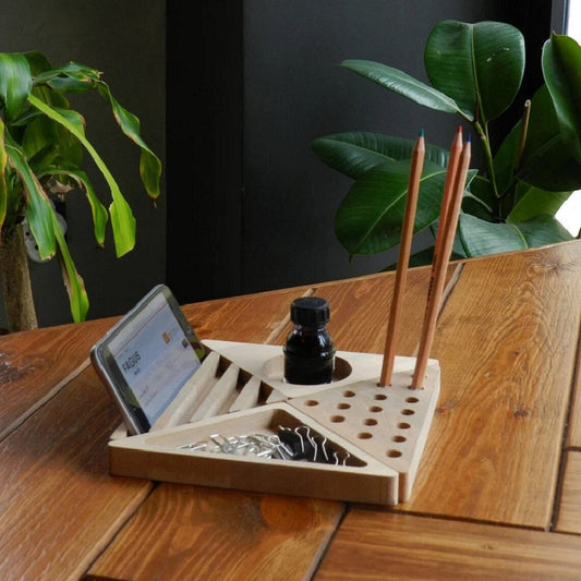 Stylish Wooden Desk Organizer with Compartments for Phone, Pens