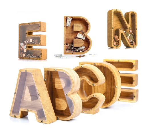 Wooden Alphabet Piggy Bank with Clear Acrylic Front A-Z Letters for Kids & Adults