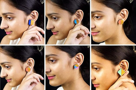 Handmade Wooden Stud Earrings Set For Girls And Women (Pack Of 6)