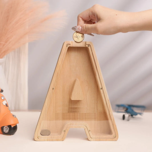 Wooden Alphabet Piggy Bank with Clear Acrylic Front A-Z Letters for Kids & Adults