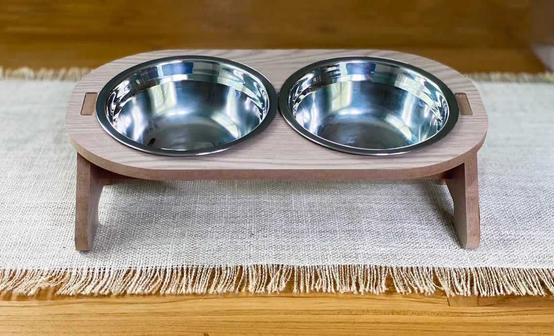 Wooden Elevated Pet Feeder Stand with 2 Stainless Steel Bowls