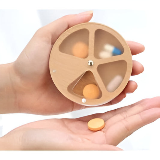 Wooden Rotating-4-Compartment Circular Pill Box with Magnetic Closure – Compact Travel Medicine Storage for Vitamins & Tablets