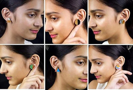 Handmade Wooden Stud Earrings Set For Girls And Women (Pack Of 6)