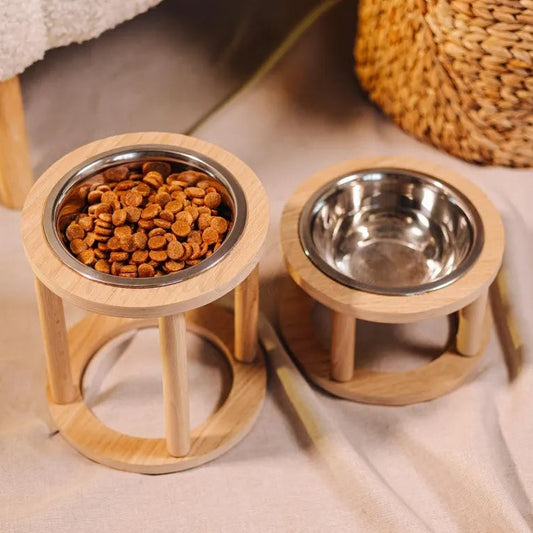 Wooden Cat Feeder Stand with Double Stainless Steel Bowls