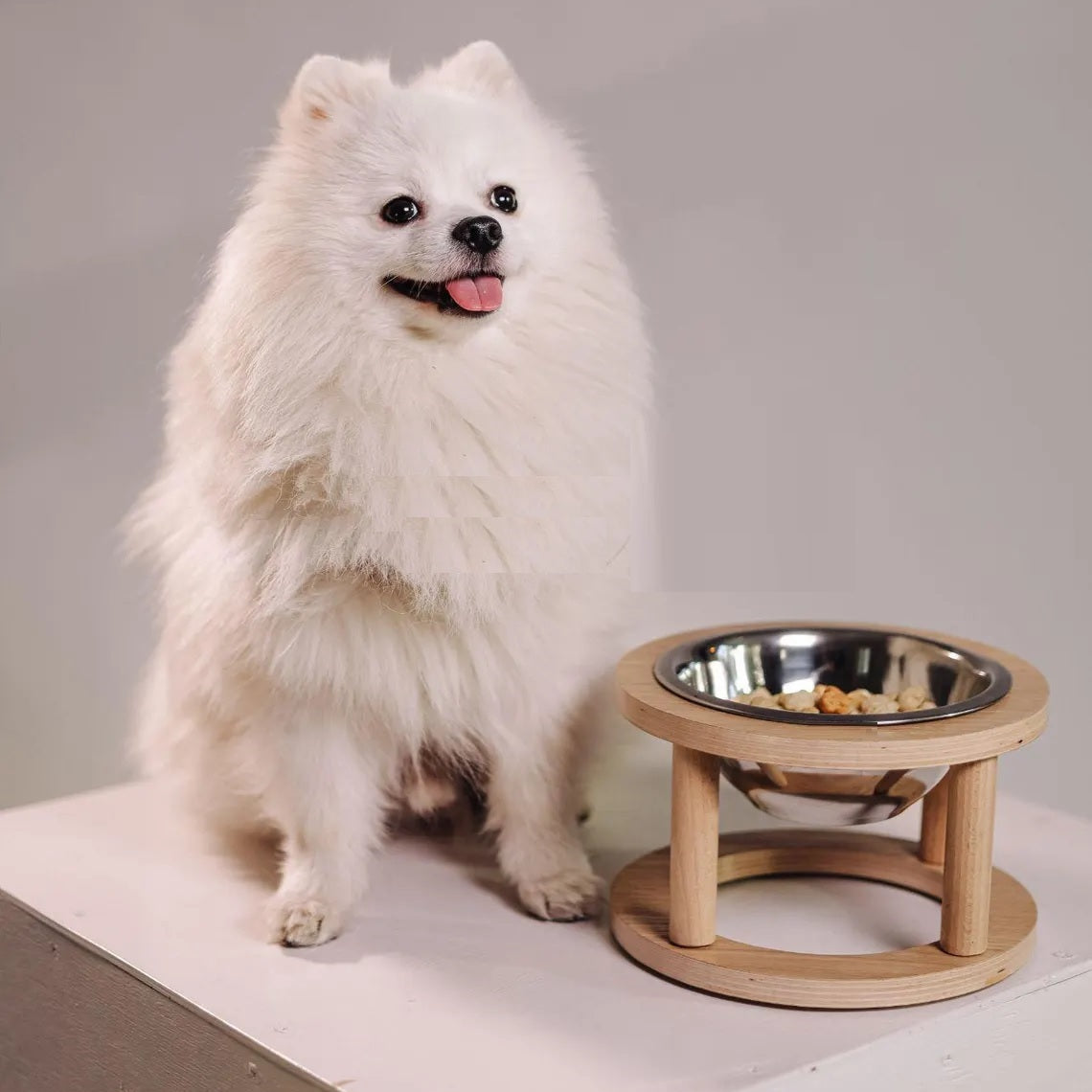 Wooden Cat Feeder Stand with Double Stainless Steel Bowls