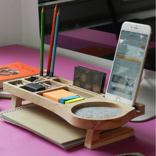 Stylish Wooden Desk Organizer with Compartments for Phone, Pens