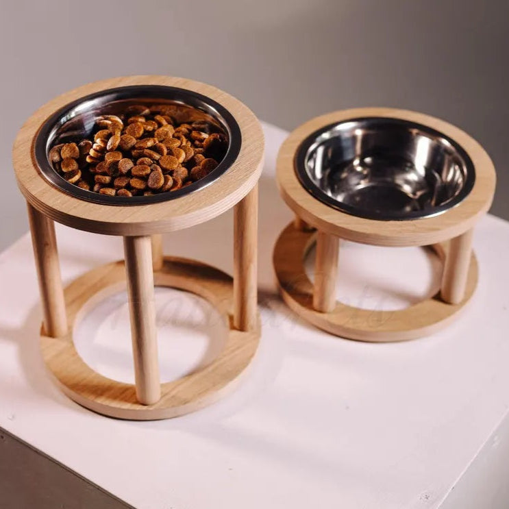Wooden Cat Feeder Stand with Double Stainless Steel Bowls