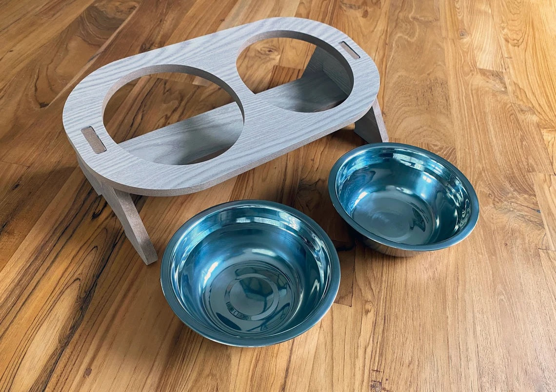 Wooden Elevated Pet Feeder Stand with 2 Stainless Steel Bowls