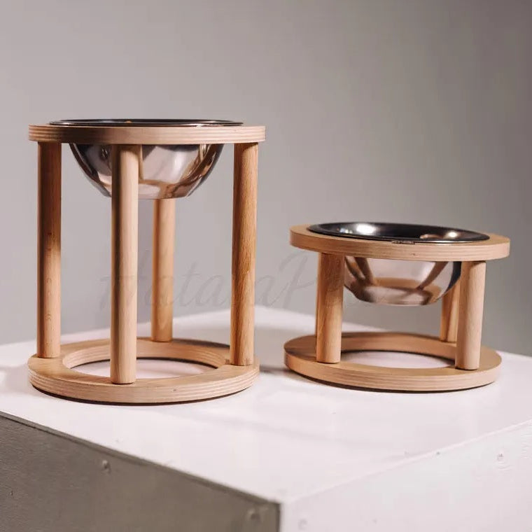 Wooden Cat Feeder Stand with Double Stainless Steel Bowls