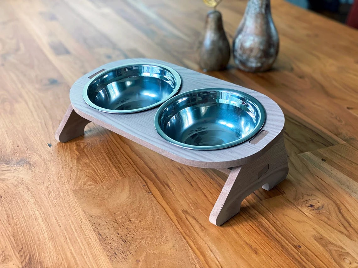Wooden Elevated Pet Feeder Stand with 2 Stainless Steel Bowls