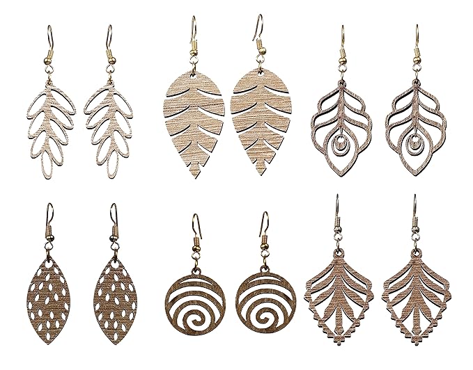 Wooden Floral Earrings with Jewelry Organizer Box Set of 6 Pairs for Women and Girls