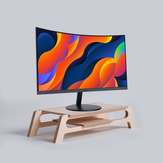 XSOURCE Wooden Monitor Stand Riser with Organizer Slots – Ergonomic Birchwood Desktop Shelf with Felt-Lined Compartments – Natural Finish Monitor Elevation Stand for Office & Home