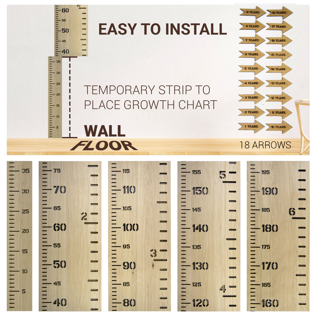 Wooden Kids Height Chart - Wall-Mounted Growth Chart with 18 Age Markers, Blue/Pink