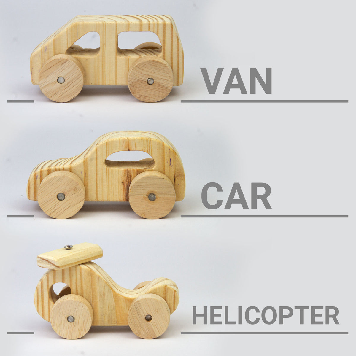 Wooden Toy Vehicle Set - Car, Van & Helicopter, Single or Combo Set of 3
