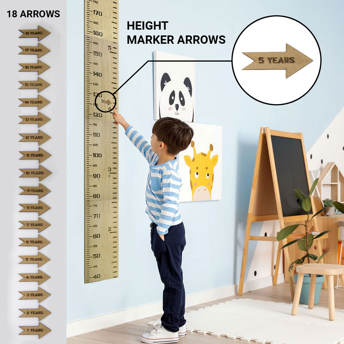 Wooden Kids Height Chart - Wall-Mounted Growth Chart with 18 Age Markers, Blue/Pink