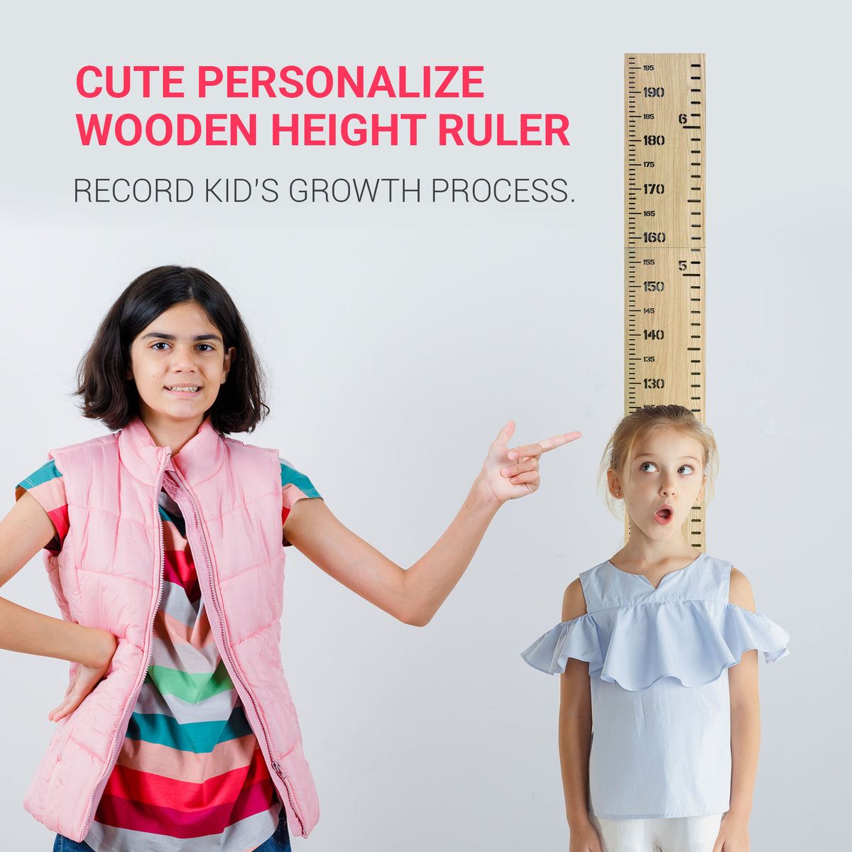 Wooden Kids Height Chart - Wall-Mounted Growth Chart with 18 Age Markers, Blue/Pink