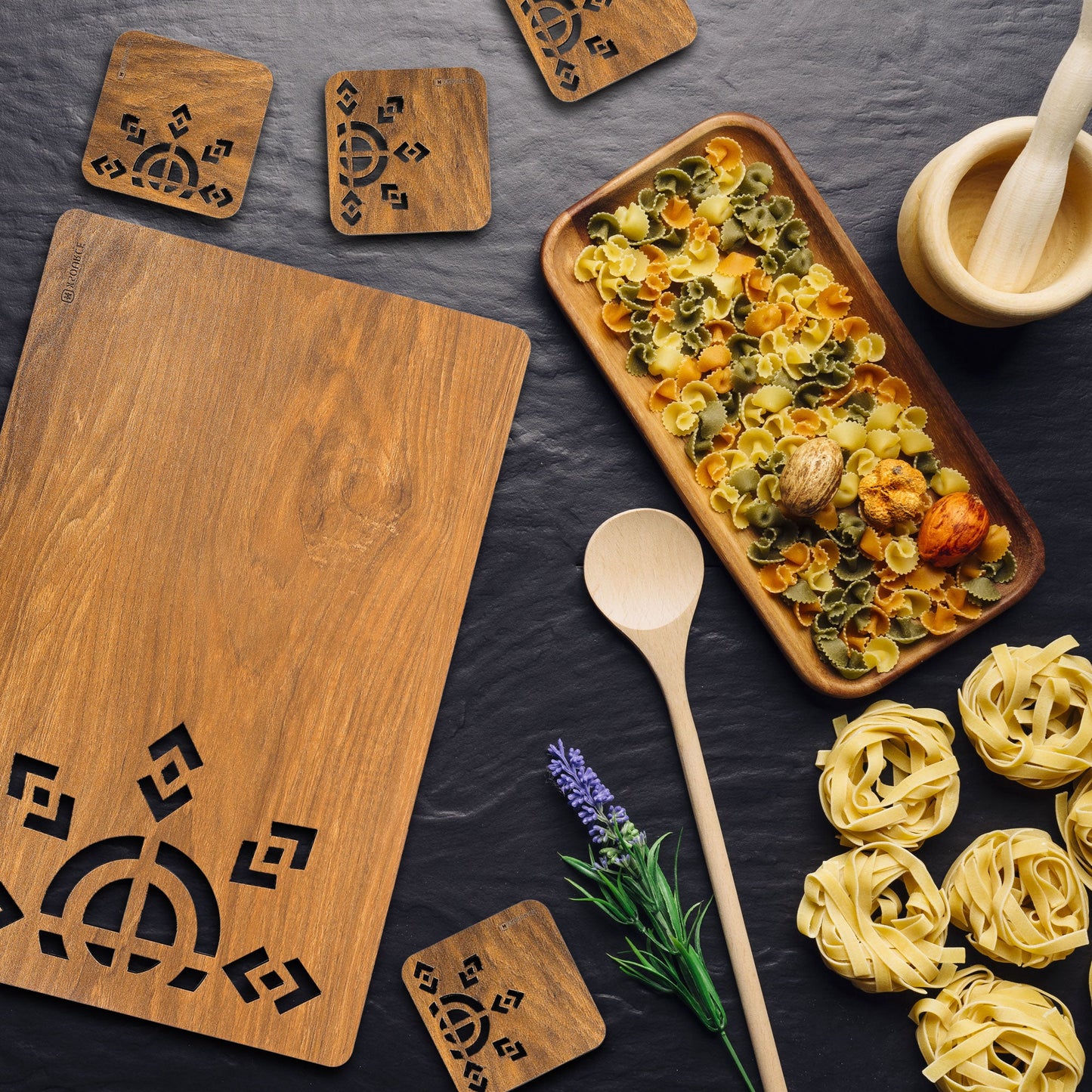 Wooden Rectangle Placemat Mat with Tea Coasters Set of 2, 4, 6 Table Placemats for Dining and Kitchen