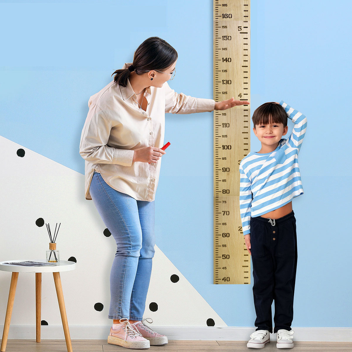 Wooden Kids Height Chart - Wall-Mounted Growth Chart with 18 Age Markers, Blue/Pink