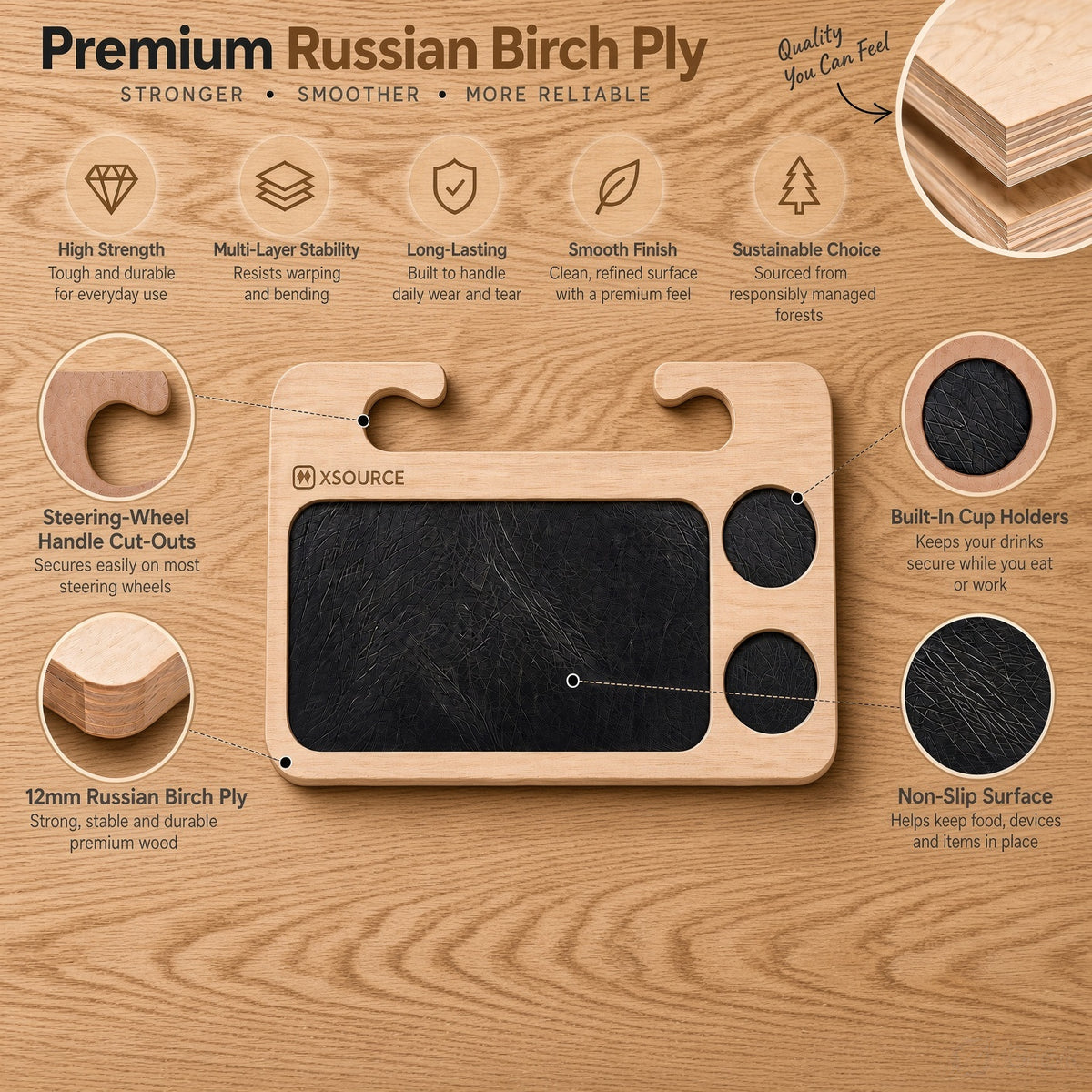 Wooden Steering Wheel Car Food Tray - Birch Ply Lap Desk