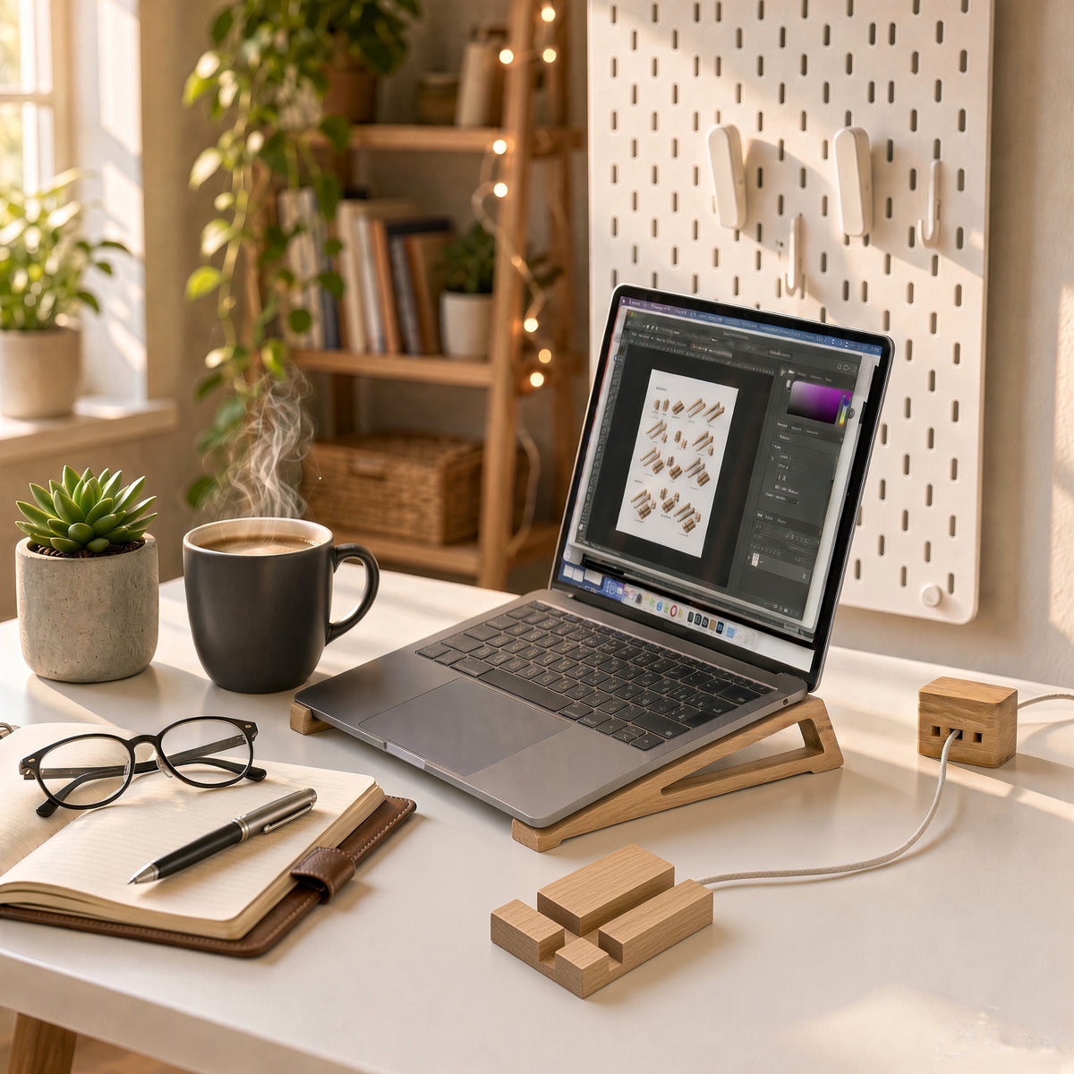 Wooden Magnetic Desk Stand - Laptop Stand, Mobile Holder & Cord Organizer
