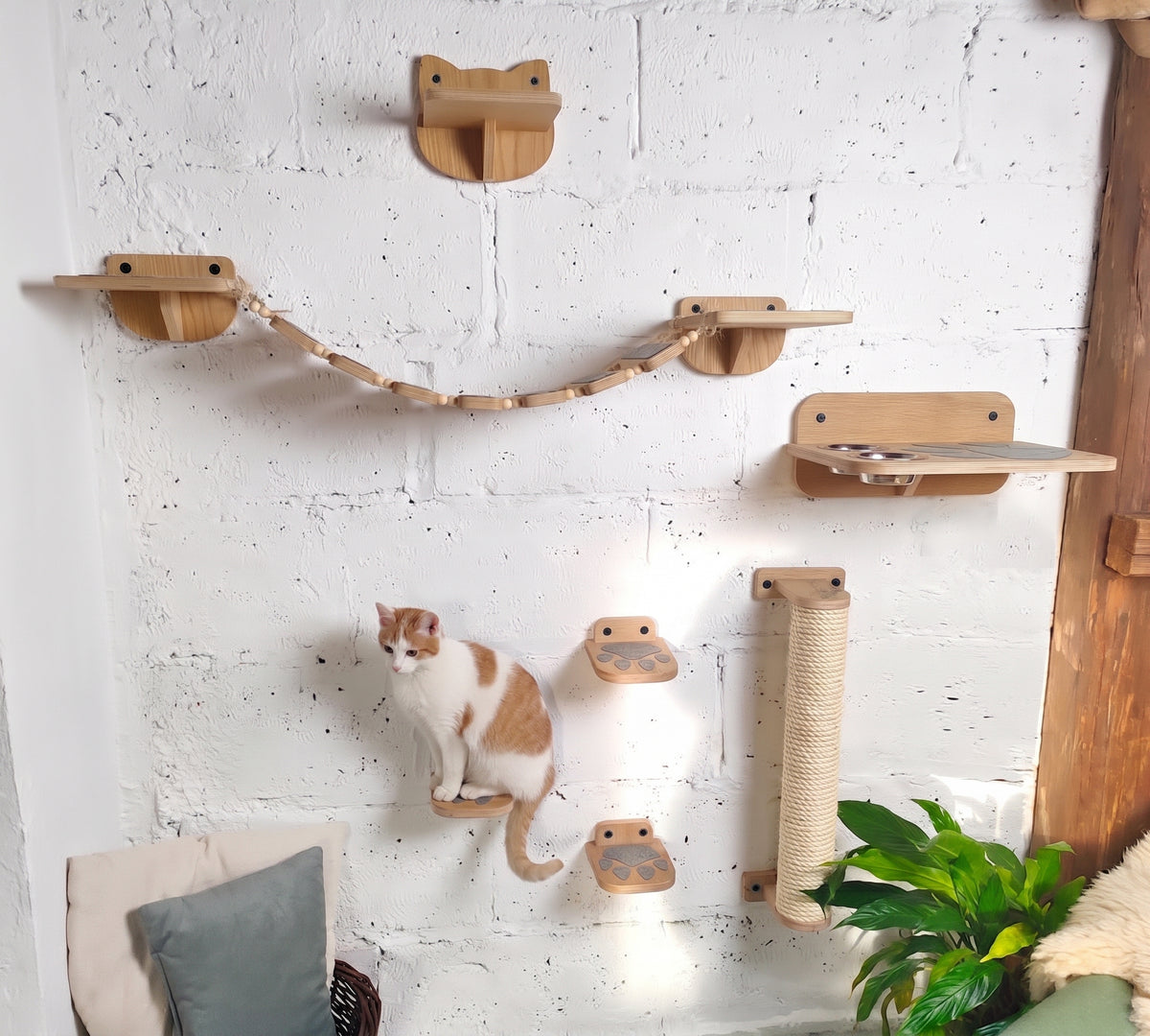 Wooden Cat Wall Furniture Set - All-in-One (Post, Steps, Bridge & Feeder)