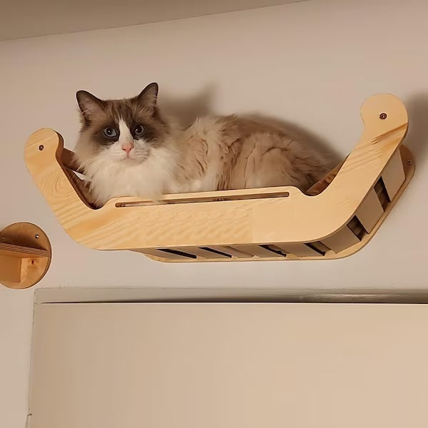 Wooden Wall Cat Bed with 3 Oval Steps - Teak Rod, Zero Floor Footprint