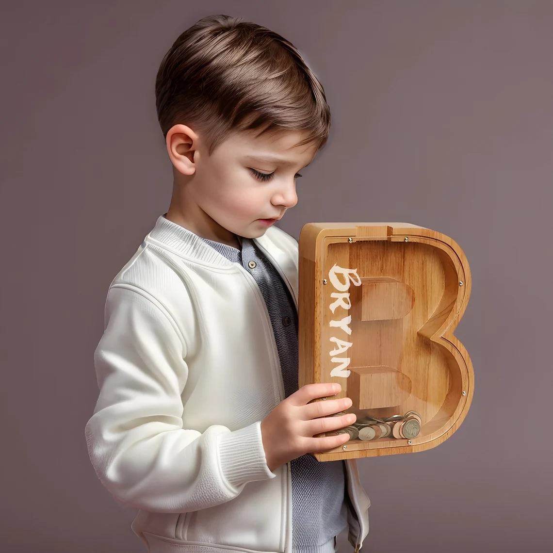 Wooden Alphabet Piggy Bank with Clear Acrylic Front A-Z Letters for Kids & Adults