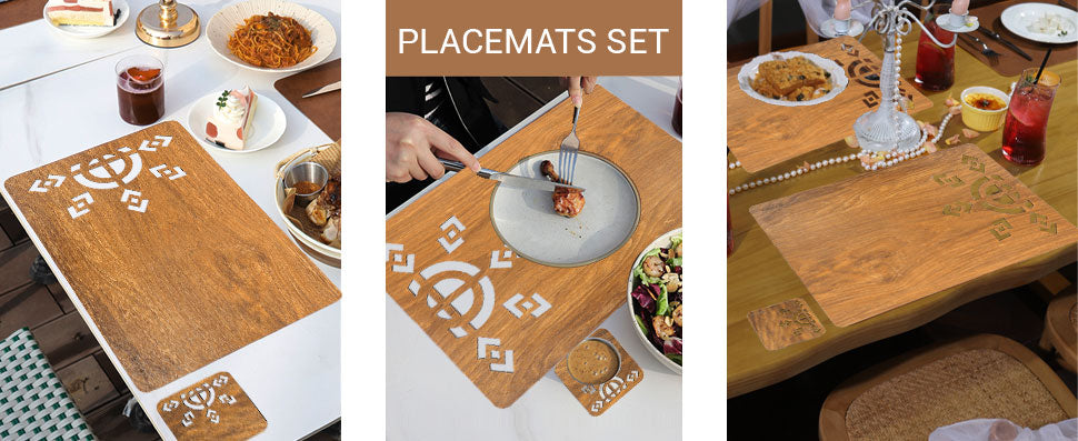 Wooden Rectangle Placemat Mat with Tea Coasters Set of 2, 4, 6 Table Placemats for Dining and Kitchen
