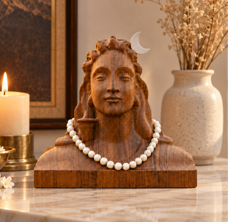 Wooden Adiyogi Shiva Decor Statue - Hand-Carved Burmese Teak