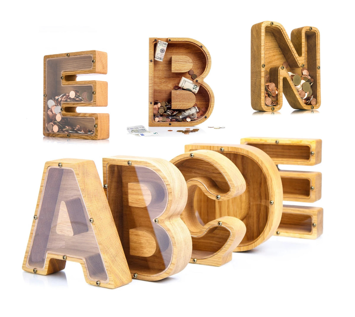 Wooden Alphabet Piggy Bank - Personalised A to Z Letter, Acrylic Front