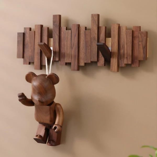 Teak Wooden Wall Mounted Hook Rack Stylish Space-Saving