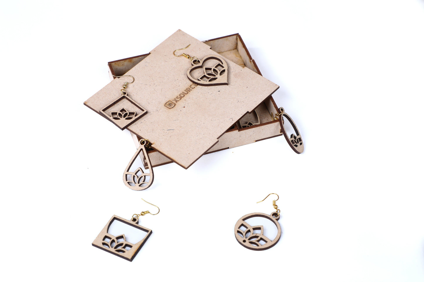 Wooden Heart Style Earrings with Jewelry Organizer Box Set of 6 Pairs for Women and Girls