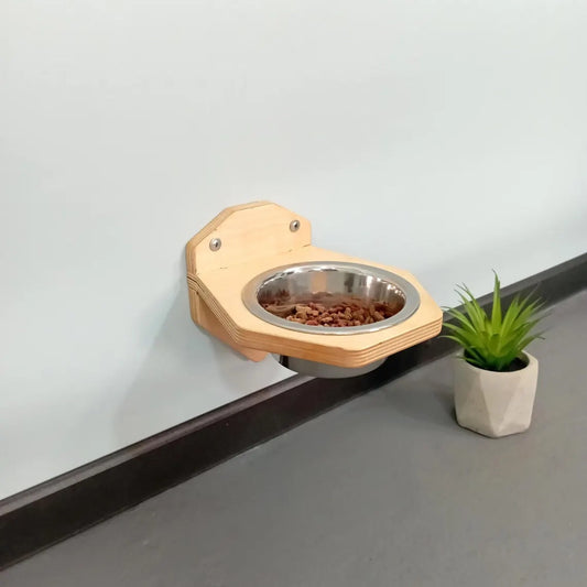 Wall-Mounted Wooden Pet Feeder with Stainless Steel Bowl