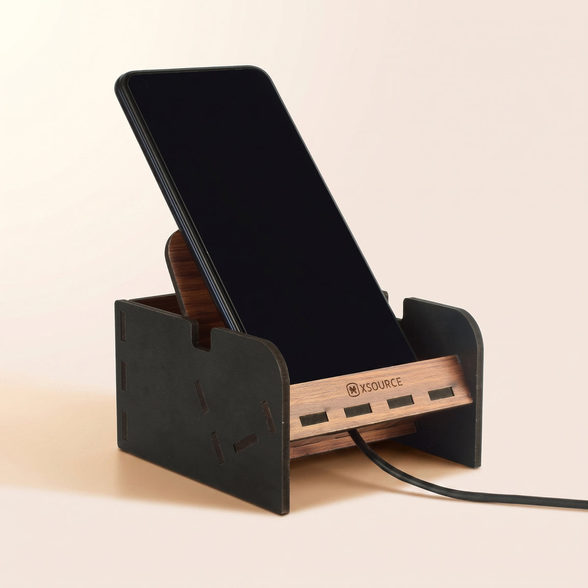 Square Wooden Mobile Phone Stand - Black, Compact Desk & Counter Stand