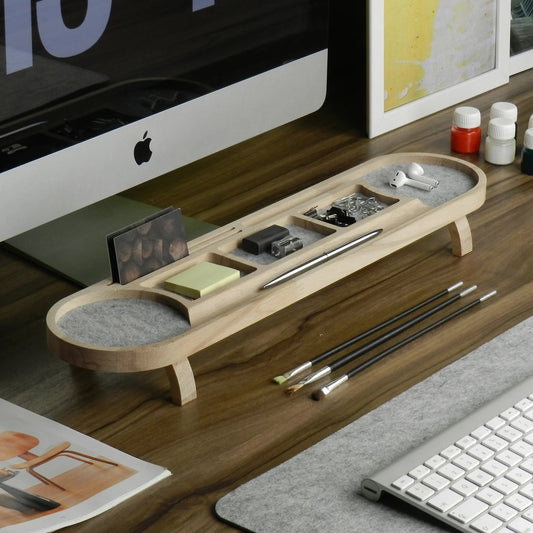 XSOURCE Stylish Office Organizer with Compartments for Phone, Pens- Solid Wood Desk Tray with Felt Lining - Desktop Organizer for Home Office (52 x 12 x 2.5 cm)