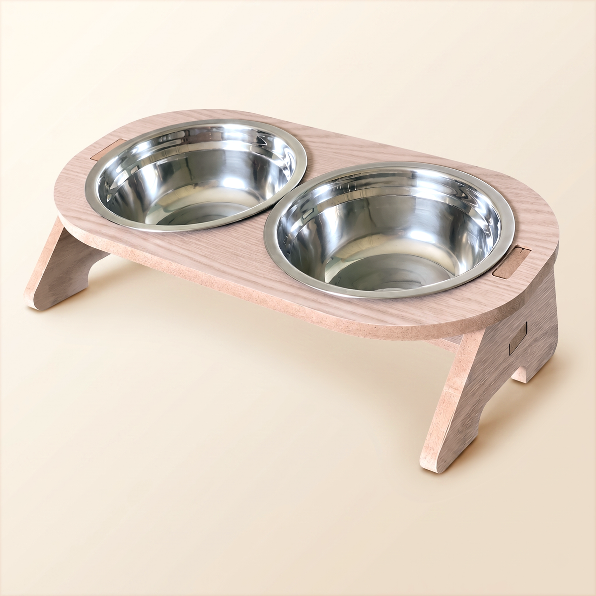 Wooden Cat Bowl Stand - Floor-Standing, 2 Removable Steel Bowls