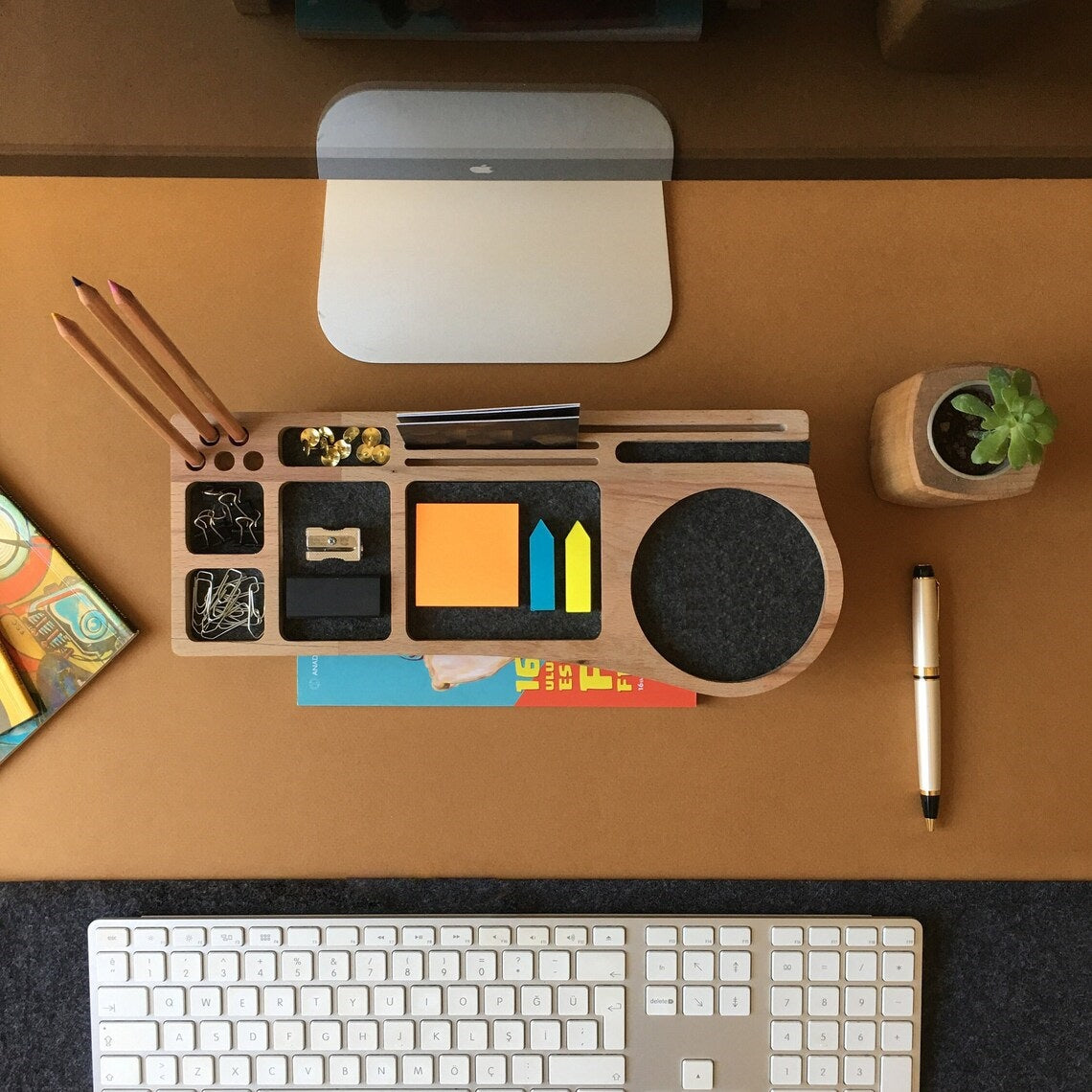 Wooden Desk Organiser Tray with Compartments - Design 1