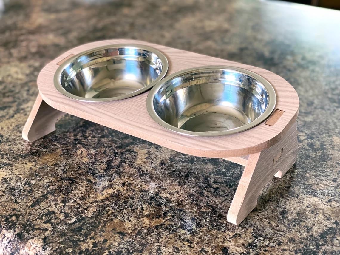 Wooden Cat Bowl Stand - Floor-Standing, 2 Removable Steel Bowls