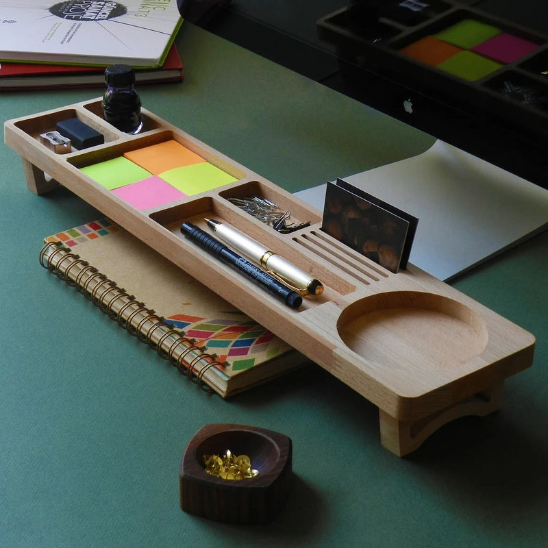 Wooden Desk Organiser Tray with Compartments - Design 3