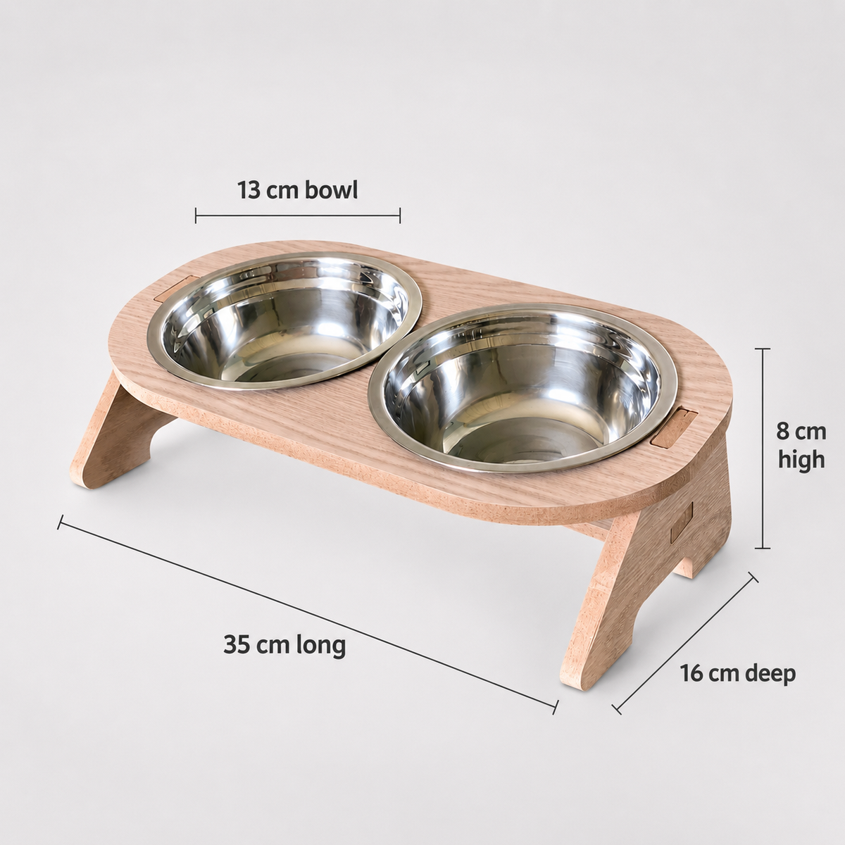 Wooden Cat Bowl Stand - Floor-Standing, 2 Removable Steel Bowls