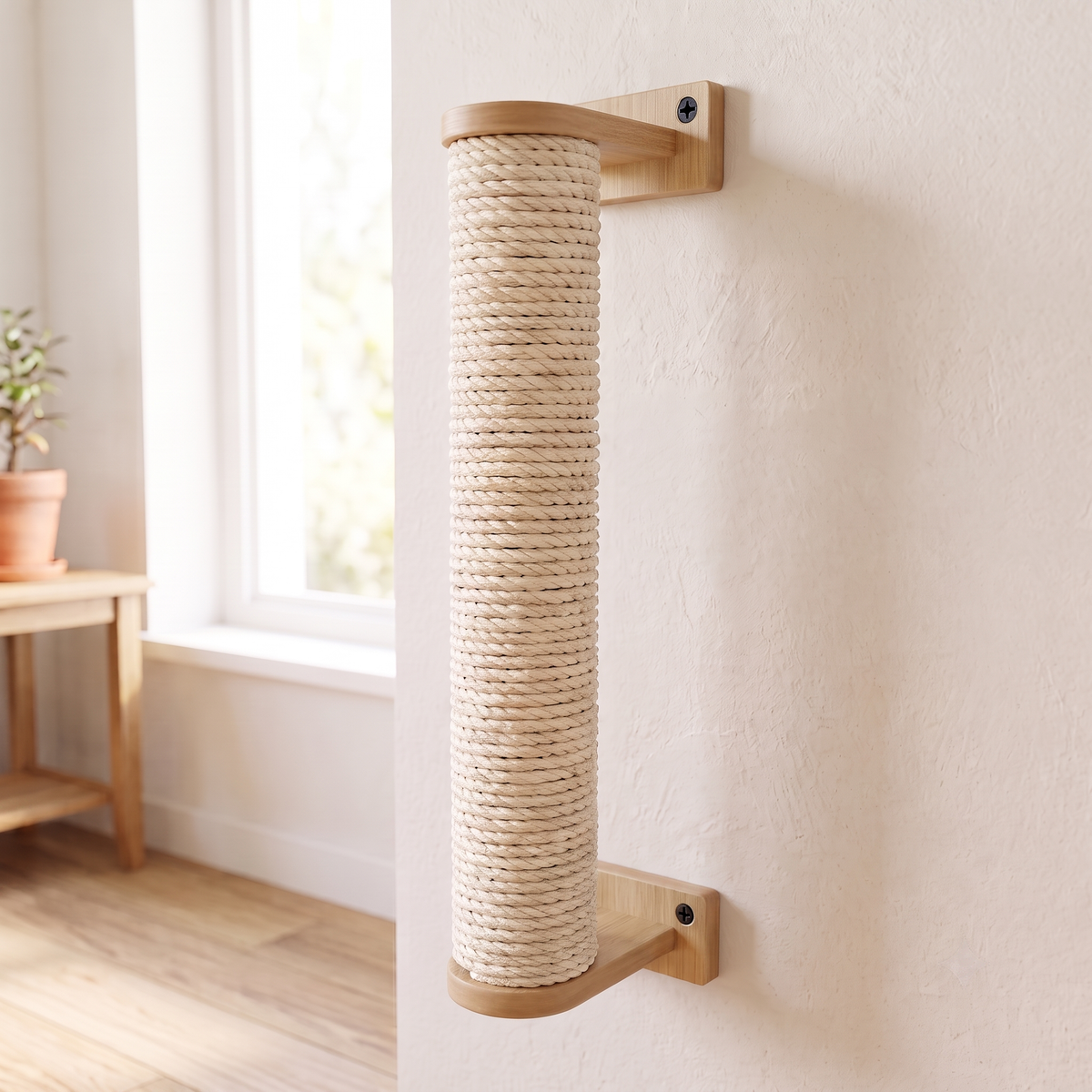 Wooden Cat Scratching Post - Wall-Mounted, Cotton Rope on Burmese Teak
