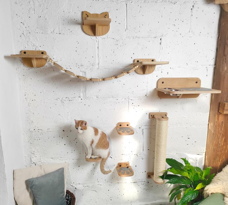 Luxury Wooden Cat Wall Furniture – Climbing, Scratching & Feeding Combo