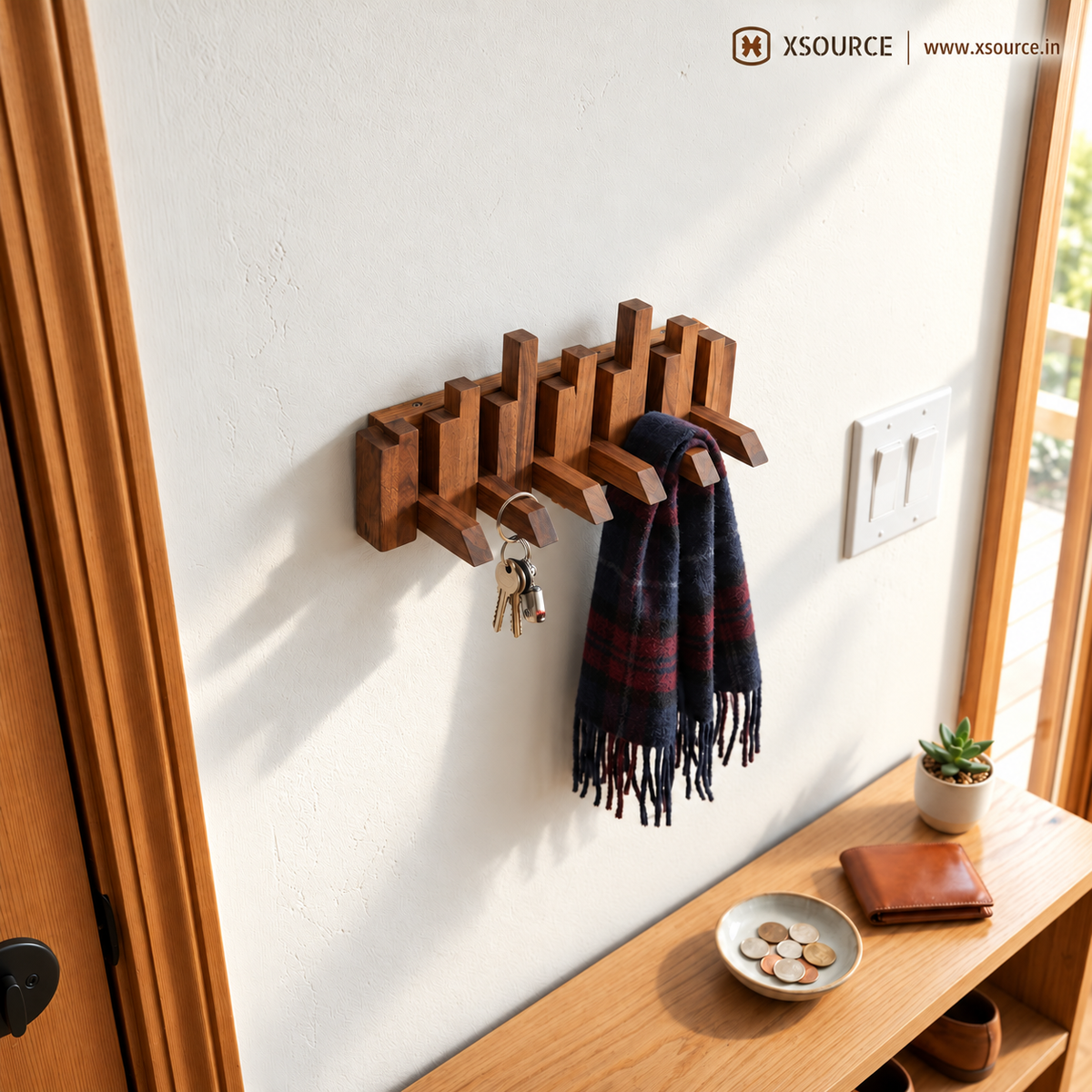 Wooden Piano Wall Hanger - Foldable Hooks, Old Burmese Teak, 4/6/8 Hook