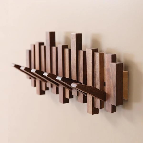 Teak Wooden Wall Mounted Hook Rack Stylish Space-Saving