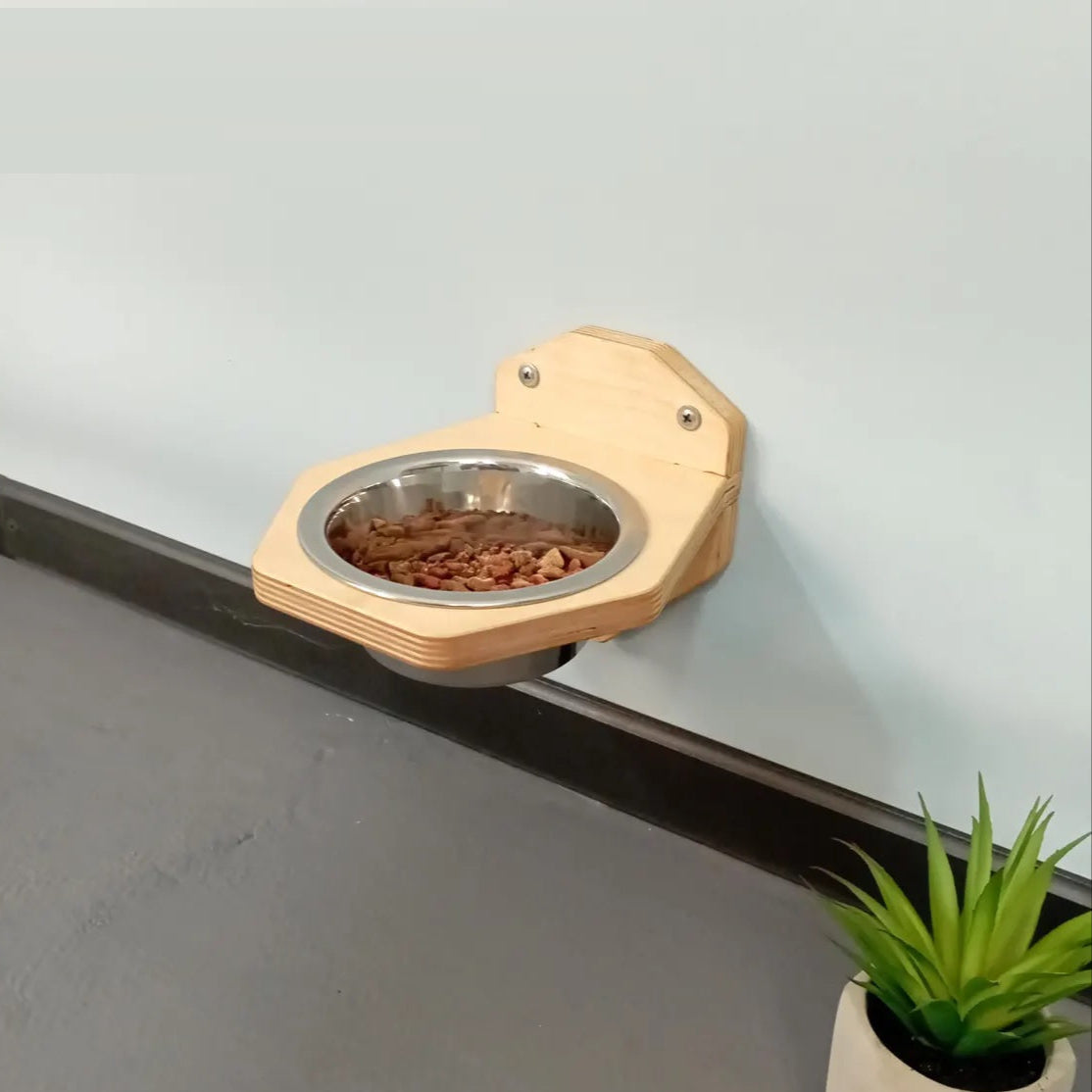 Wall-Mounted Wooden Pet Feeder with Stainless Steel Bowl